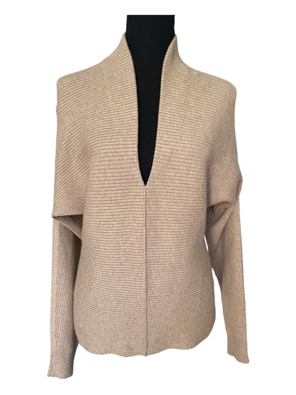 Maeve Ribbed Plunge-Neck Seamed Pullover Tan Sweater Size Small Oversized